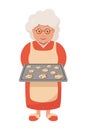 Grandmother cooking biscuits with chocolate. Old woman granny cooking. Happy grandma in red dress and apron. Vector illustration