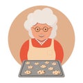 Grandmother cooking biscuits with chocolate. Granny cooking. Portrait of happy grandma in red dress and apron. Vector