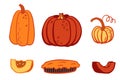 Pumpkin hand drawn set with sliced peaces and traditional pie. Autumn Vector illustration on white background. Royalty Free Stock Photo