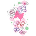 Beautiful butterflies illustration with pink and green bubbles on white background. hand drawn vector. sweet and elegant concept.