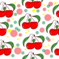 Cherry fruit with green leaf illustration on white background. red color with colorful polka dots. hand drawn vector. seamless pat Royalty Free Stock Photo