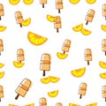 Ice cream stick with orange slice illustration on white background. orange color. hand drawn vector. seamless pattern. doodle art Royalty Free Stock Photo