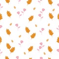 Dried leaf with pink flower illustration on white background. seamless pattern, hand drawn vector. fallen leaves, summer, spring. Royalty Free Stock Photo