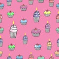 Muffin and cupcake illustration on pink background. sweet dessert icon. hand drawn vector. seamless pattern. cherry fruit and cand Royalty Free Stock Photo