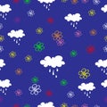 White cloud with rain and colorful floral pattern isolated on blue background. hand drawn vector. seamless pattern. rainy day. doo Royalty Free Stock Photo