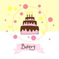 Bakery-hand drawn lettering with birthday cake and three candles illustration on yellow and white background. colorful bubbles. ha Royalty Free Stock Photo