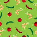 Set of foodstuff. red and green chillies, red tomato and shrimp illustration on green background. hand drawn vector, seamless patt Royalty Free Stock Photo