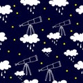 Telescope with cloud and rain illustration on night background. silhoutte of telescope with yellow stars. hand drawn vector, seaml Royalty Free Stock Photo