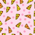 Pizza slice illustration on pink background. fast food icon. hand drawn vector. seamless pattern. pizza cheese. doodle art for wal