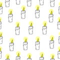 Simple candle illustration on white background. hand drawn vector, seamless pattern. candlelight, yellow color. doodle art for wal