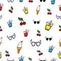 Set of summertime icon. glass of water, ice cream cone, cherry fruit, sunglasses illustration on white background. seamless patter Royalty Free Stock Photo