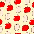 Whole and half of apples illustration on yellow background. red color. fresh fruit. hand drawn vector. seamless pattern. doodle ar Royalty Free Stock Photo