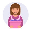 Happy woman in a laundry. Smiling girl washes clothes. Yong woman with a laundry basket. Vector illustration