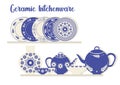 Ceramic kitchenware. Handmade plate, bowl, teapot, cup, vase. Decorative pottery. Painting on dishes. Vector illustration