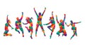 Colorful happy group people jump vector illustration silhouette. Cheerful man and woman isolated. Jumping fun friends background.