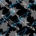 Geometric seamless pattern with gray blot and grunge stripes white and blue color