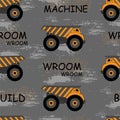 Orange construction machines and text