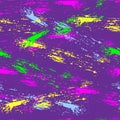 Grunge neon texture for girls. Abstract seamless pattern with multicolored scuffs on violet background.