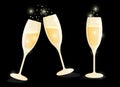 Sparkling glasses of champagne on black background, gold bokeh effect, Royalty Free Stock Photo