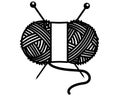 Oval skein of knitting thread with needles and label - vector silhouette illustration for sign or icon. A ball of yarn with knitti