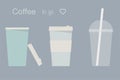 Set of three take away cups for coffee, tea, fresh drinks. Vector illustration.