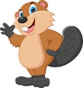 Cartoon cute beaver waving on white background
