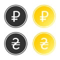 Black and Golden Coin Icons. Rubble and Hryvnia