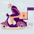 Delivery Online order. A man in a medical mask and gloves on a moped carries medical supplies to customers