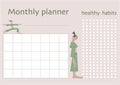 Cute Monthly Planner with Sport cute Cartoon Yoga girt and Healthy Habits list.