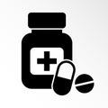 Medicine bottle and pills. Black and white icon. Vector illustration Royalty Free Stock Photo