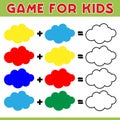 Game for childrens. Kids activity sheet with cute cloud character. What color will you get if you mix colors