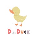 Cute alphabet letter D with cartoon duck. Nursery animal themed ABC card. Royalty Free Stock Photo