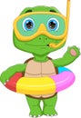 Cute turtle with snorkeling equipment and waving