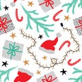 Holiday seamless pattern with Christmas decorative elements: pine tree, Santa hat, gifts, stars, garland, candy cane.