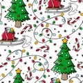 Hand drawn seamless pattern with Christmas tree, candy cane, garland and sled with gifts