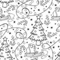 Hand drawn seamless pattern with Christmas tree, candy cane, garland and sled with gifts