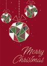 Bright minimalistic New Year and Christmas card, invitation with the image of a multicolored ball with sparkles and a bow on a red