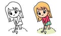 Cute girl playing golf coloring page for kids Royalty Free Stock Photo