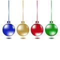 set of realistic Christmas and New Year colorful balls on a white background. Red, blue, green, yellow colors. Glass trinket. Hang Royalty Free Stock Photo