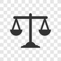 Law scales icon. Justice scale Law balance symbol. Libra sign flat design. Vector illustration isolated on transparent background. Royalty Free Stock Photo
