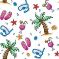 Hand drawn summer seamless pattern with palm tree, cocktail, flip flops, diving mask in doodle style. Royalty Free Stock Photo