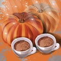 Pumpkins,autumn,autumn mood,cup with cappuccino,cup with hot drinks,cup with cocoa,leaves,orange,white,blue mug,white mug,pumpkins