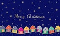 Cartoon village street with houses in winter holiday. Congratulation to Merry Christmas. Royalty Free Stock Photo