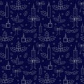 Winter seamless pattern. Outlines of Christmas items on a dark background. Candles, bows