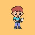 Cute boy is working with laptop cartoon