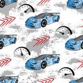Abstract seamless pattern for guys with blue sports  cars and gray grunge Royalty Free Stock Photo