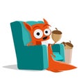Funny cartoon squirrel sitting in sofa and eating nuts