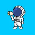 Cute astronaut holding loudspeaker calling for attention cartoon