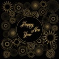 Happy New Year and Merry Christmas. Vector illustration with bright golden fireworks on a dark background, text Happy New Year. Royalty Free Stock Photo
