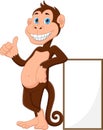 Cartoon cute monkey thumbs up with blank sign